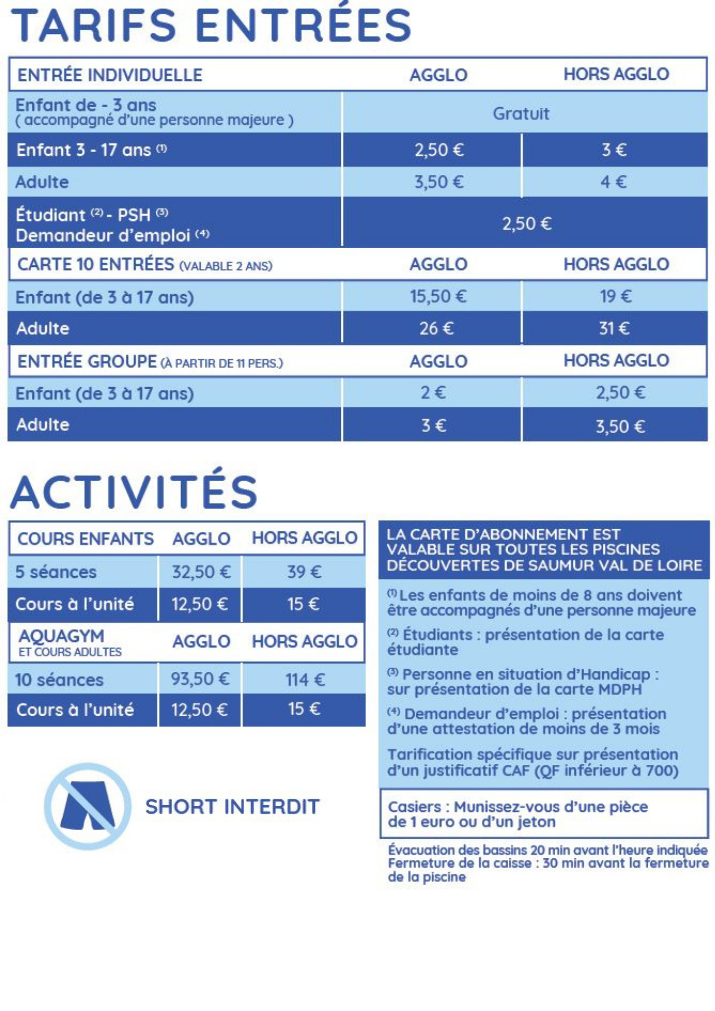 tarifs piscines ete